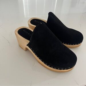 rag & bone Black Suede Clog Mules with Wood Heel